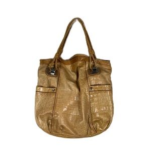 B Makowsky large, camel leather faux croc hobo bag with chunky silver ha…